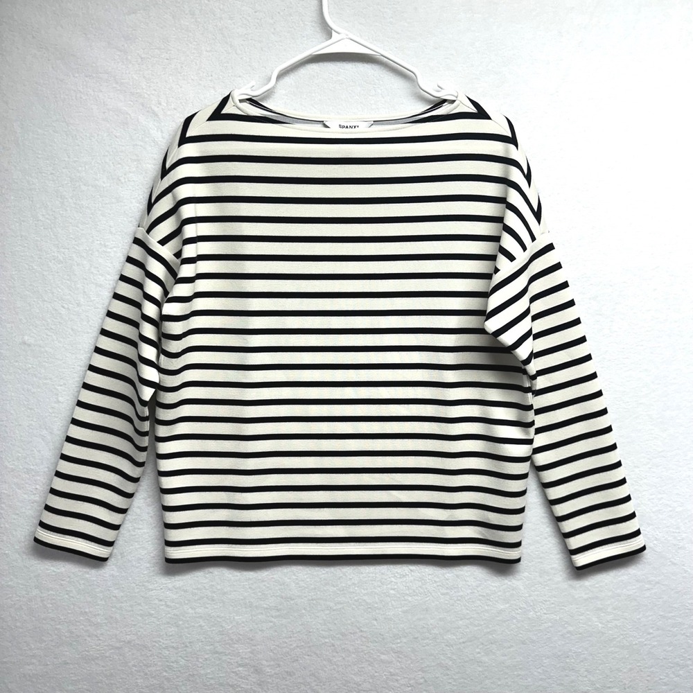 Spanx AirEssentials Top S White Black Striped Boat Neck Long Sleeve Buttery soft